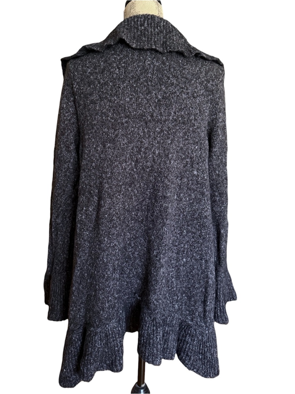Charcoal Ruffle Cardigan Open-Front Knit Sweater - Picture 3 of 6